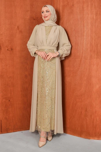 Bej Boncuklu Şifon Abiye