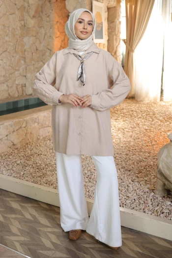 Bej Etnik Fularlı Modal Dokuma Gömlek