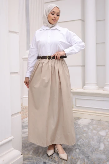 Bej Kemerli Cepli Poplin Etek