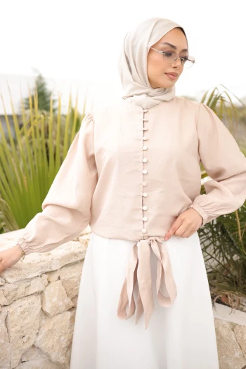 Bej Kol Lastikli Bel Bağlamalı Gömlek