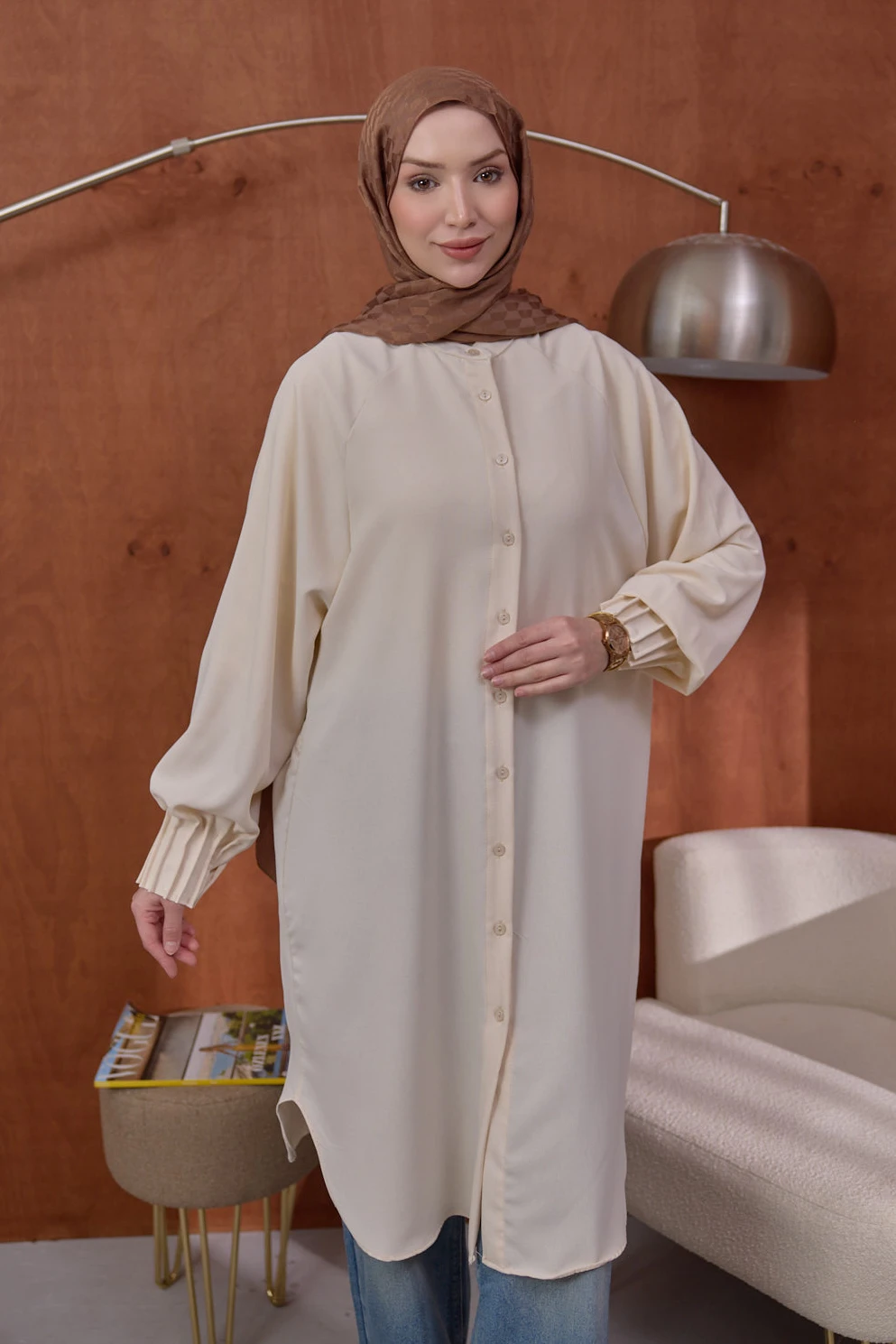 Bej Kolları Nervürlü Linda Tunik