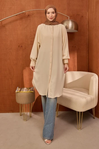 Bej Kolları Nervürlü Linda Tunik