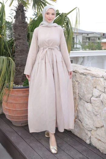 Bej Ön Etek Pileli Belden  Bağlamalı Modal Dokuma Elbise