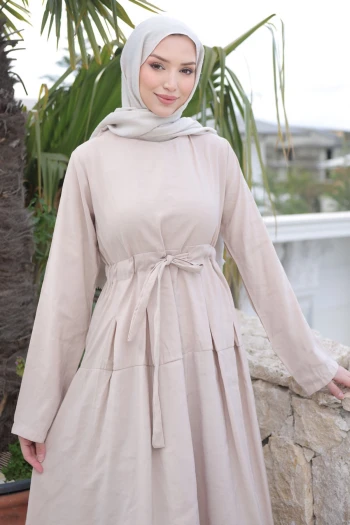 Bej Ön Etek Pileli Belden  Bağlamalı Modal Dokuma Elbise