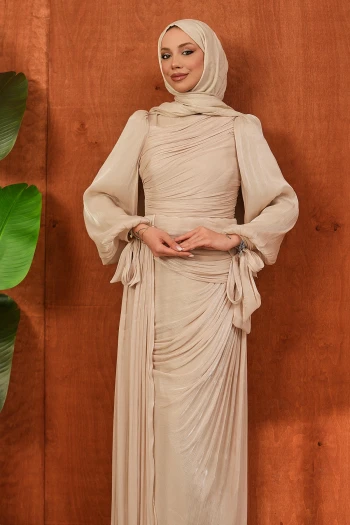 Bej Önü Büzgülü Şifon abiye