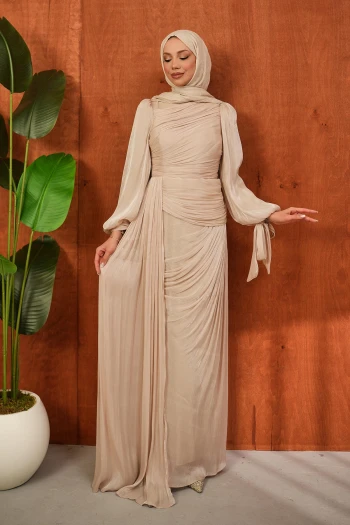 Bej Önü Büzgülü Şifon abiye