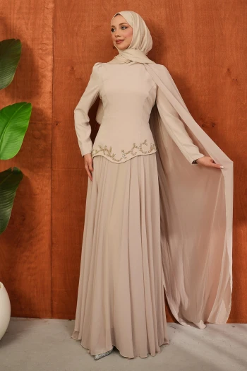 Bej Önü Taşlı Krep Abiye