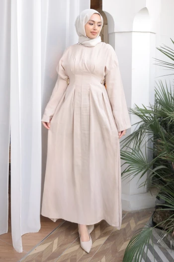 Bej Pens Dikişli Bel Lastikli Modal Dokuma Elbise