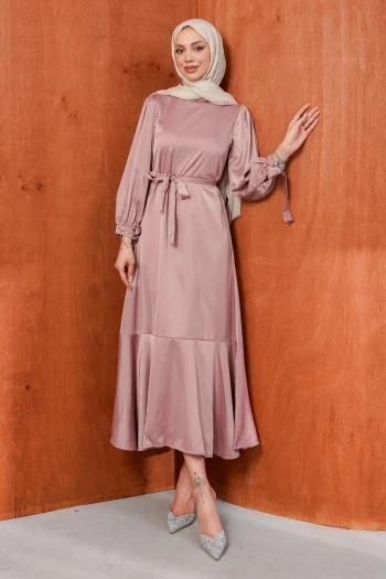 Bej Taş Detaylı Eteği Volanlı Saten Abiye