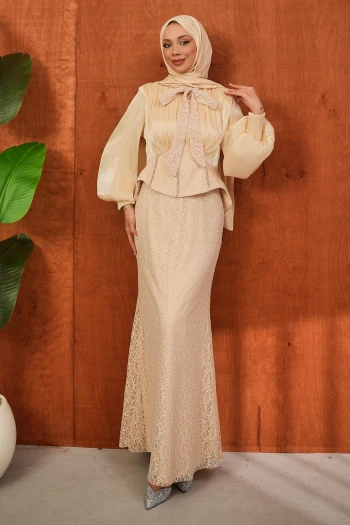 Bej Yaka Detaylı Güpürlü Abiye