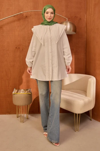 Beyaz Önü Nervürlü Çift Yakalı Poplin Tunik