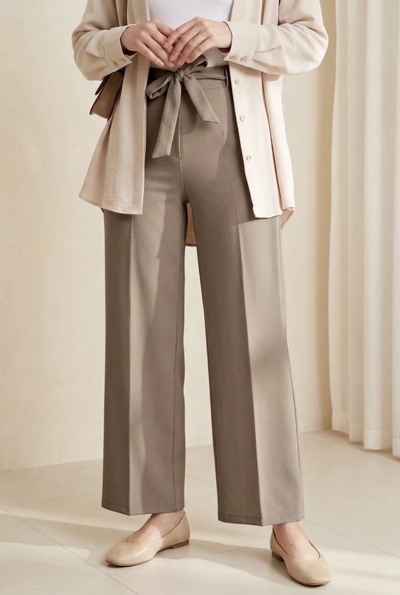 Bisküvi Bel Lastikli Cepli Bol Paça Pantolon