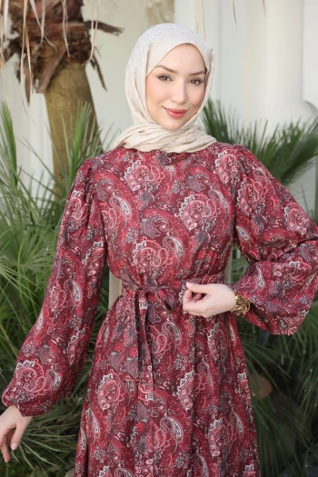 Bordo Balon Kol Desenli Viscon Elbise