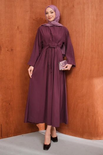 Bordo Bel Bağlamalı Piliseli Elbise