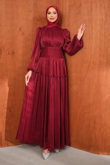 Bordo Bel Büzgülü Katlı Abiye