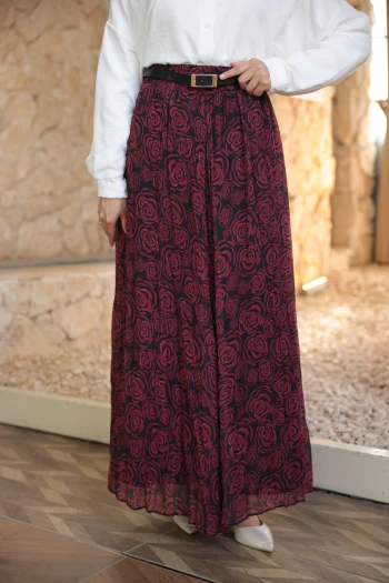 Bordo Bel Lastikli Desenli Şifon Etek