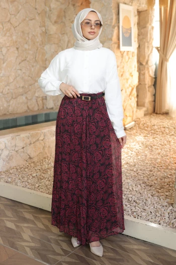 Bordo Bel Lastikli Desenli Şifon Etek
