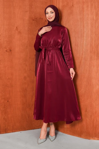 Bordo Bel Lastikli Saten Kuşaklı Abiye