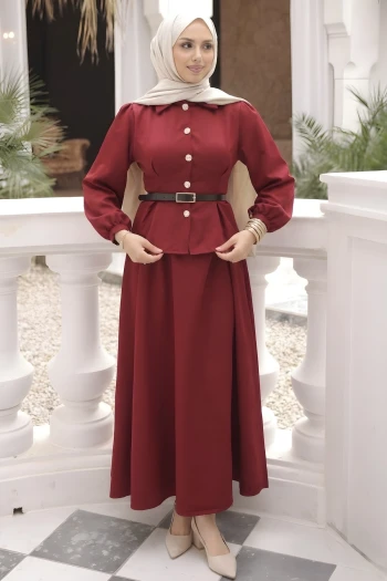 Bordo Bel Pens Dikişli Dabıl Gömlek Etekli Takım