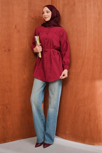 Bordo Düğmeli İp Bağlamalı Modal Gömlek