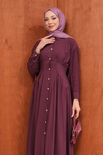 Bordo Düğmeli Pileli Elbise