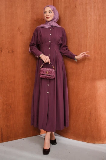 Bordo Düğmeli Pileli Elbise
