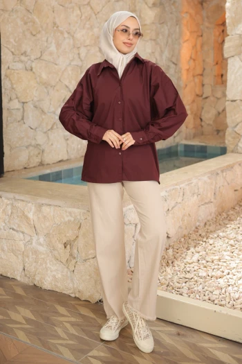 Bordo Düğmeli  Yarasa Kol Terikoton Gömlek