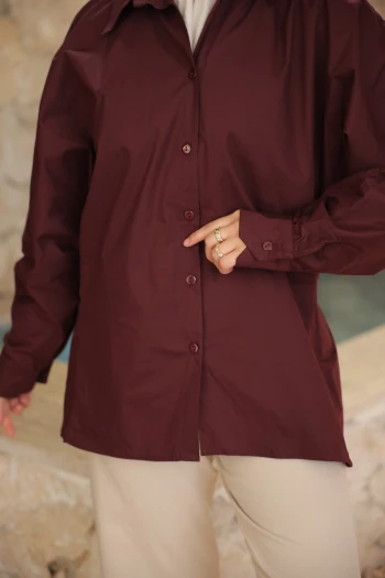 Bordo Düğmeli  Yarasa Kol Terikoton Gömlek