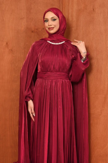 Bordo Etek Ucu Fırfırlı Pelerinli Abiye