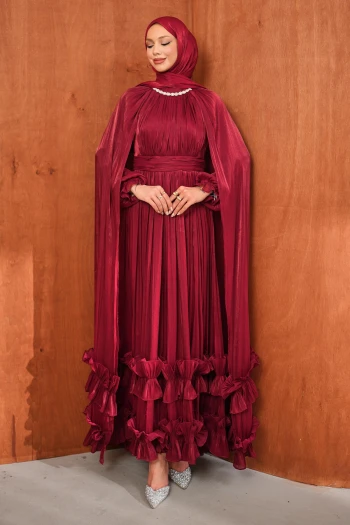 Bordo Etek Ucu Fırfırlı Pelerinli Abiye