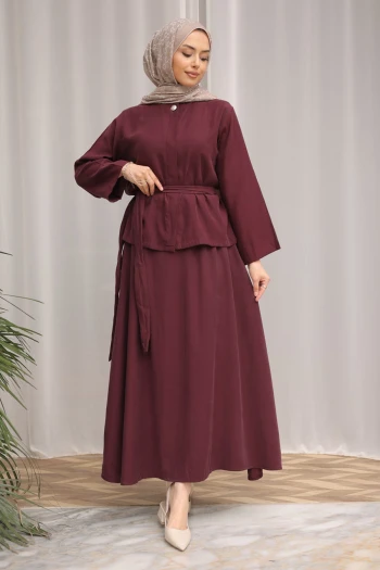 Bordo Gizli Düğmeli Bel Kuşaklı Gömlek Etekli Takım