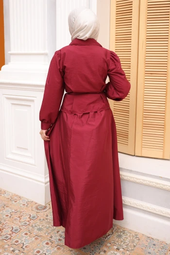 Bordo Kemerli Düğmeli Gömlek Etekli Takım