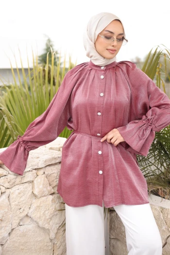 Bordo Kol Ve Bel Bağlamalı Düğmeli Tunik