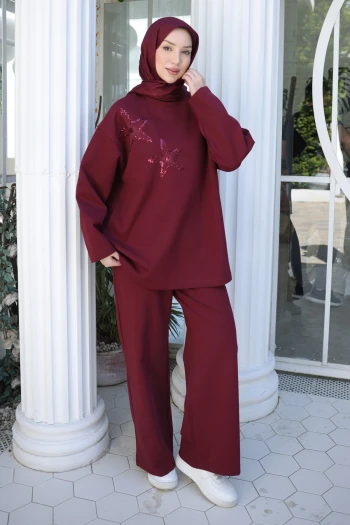 Bordo Nakış İşlemeli Tunik Pantolonlu Takım