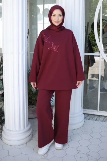 Bordo Nakış İşlemeli Tunik Pantolonlu Takım