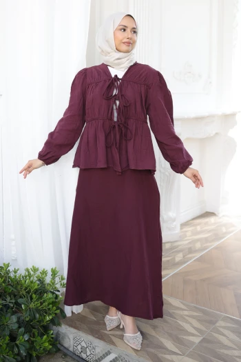 Bordo Ön Bağlamalı Kol Lastikli Kimono Etekli Takım