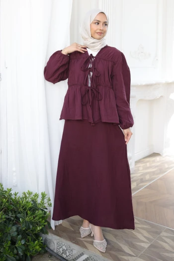 Bordo Ön Bağlamalı Kol Lastikli Kimono Etekli Takım