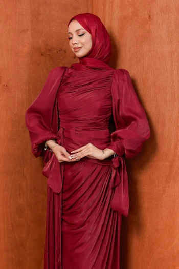 Bordo Önü Büzgülü Şifon abiye