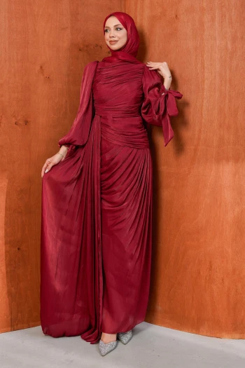 Bordo Önü Büzgülü Şifon abiye