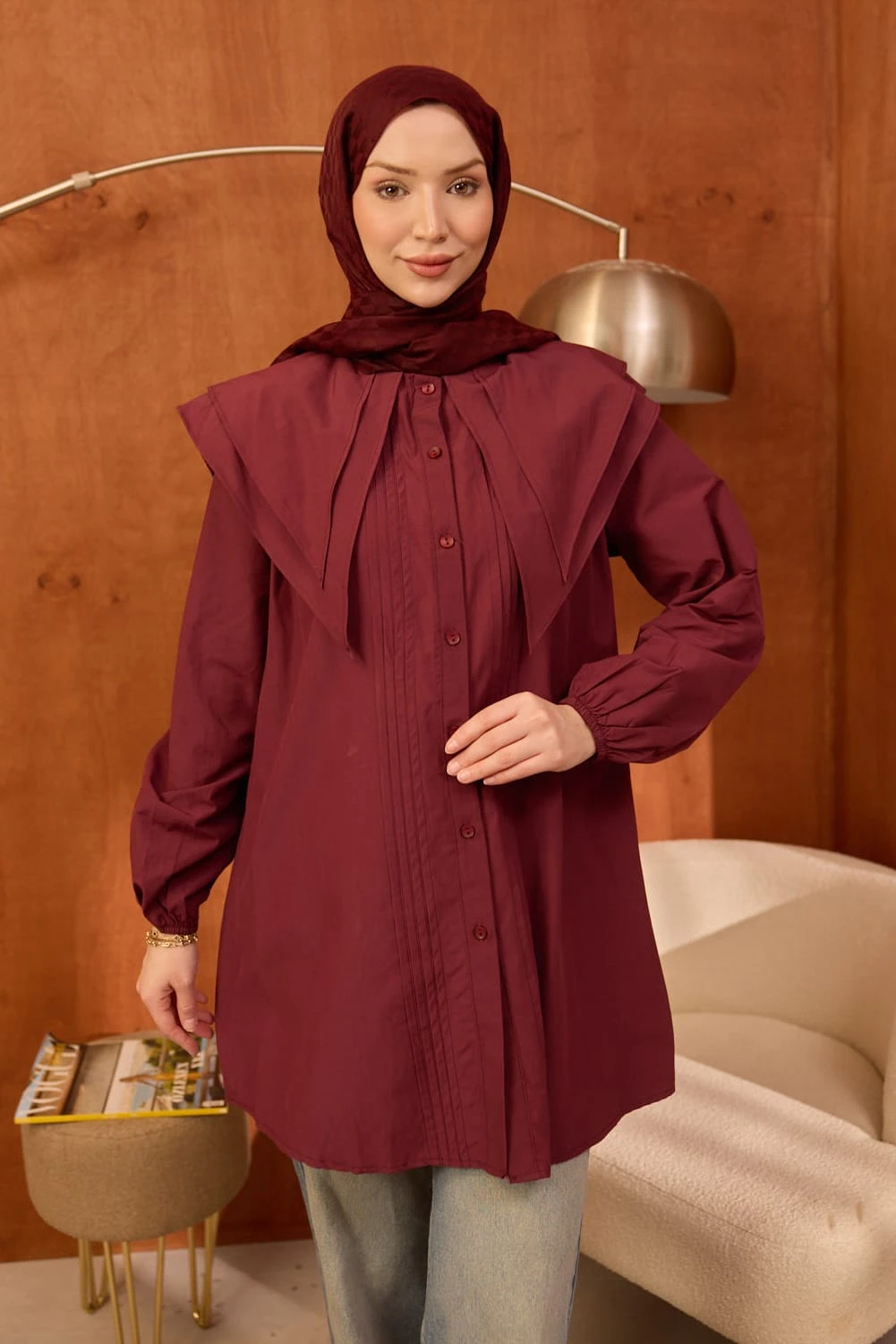 Bordo Önü Nervürlü Çift Yakalı Poplin Tunik