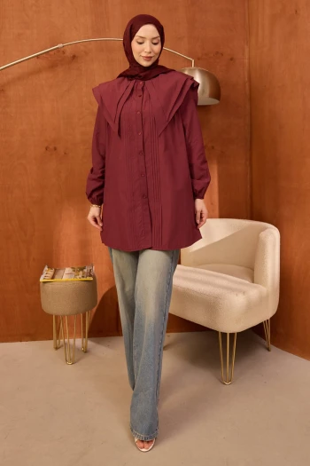 Bordo Önü Nervürlü Çift Yakalı Poplin Tunik