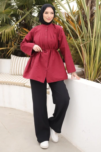 Bordo Önü Piliseli Bağlamalı Tunik