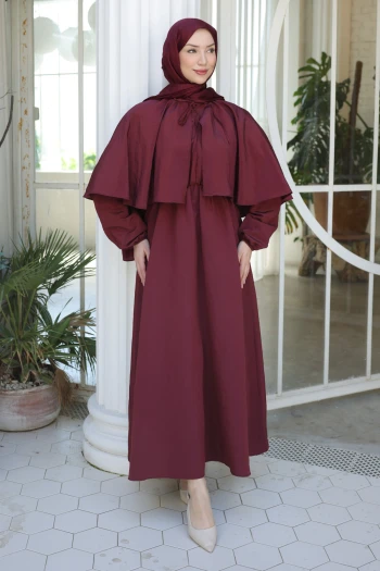 Bordo Pelerin Detaylı  Kol Lastikli Elbise