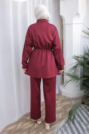 Bordo Taş Detaylı Bel Lastikli Tunik Pantolonlu Scuba Takım