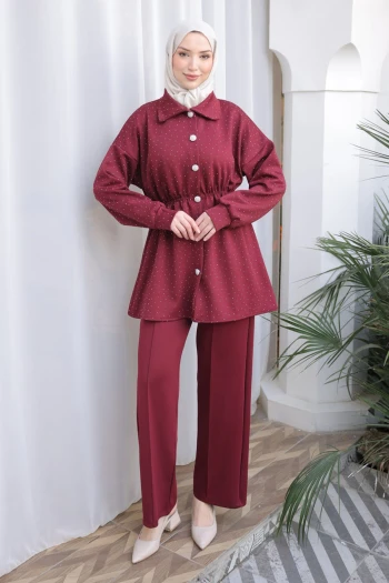 Bordo Taş Detaylı Bel Lastikli Tunik Pantolonlu Scuba Takım