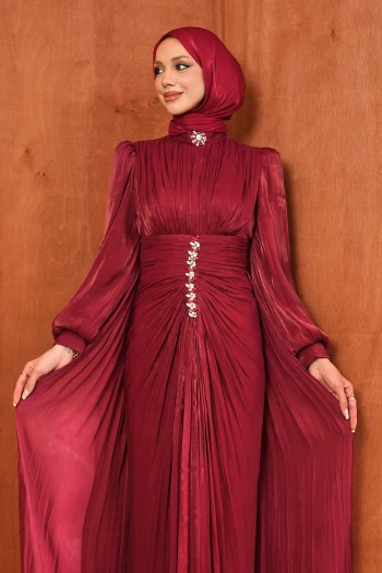 Bordo Taş Detaylı Drapeli Janjan Abiye