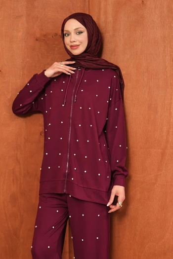 Bordo Taş Detaylı Tunik Pantolonlu Takım