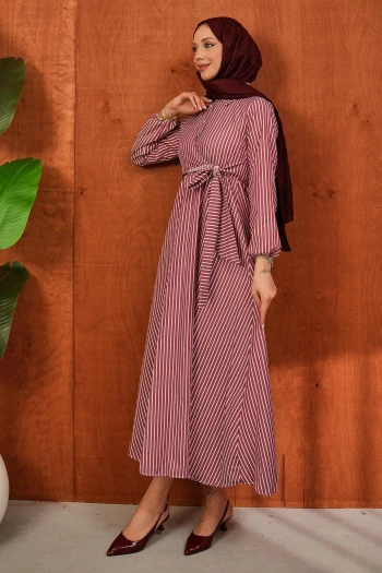 Bordo Yaka Düğmeli Yan Bağlamalı Çizgili Elbise