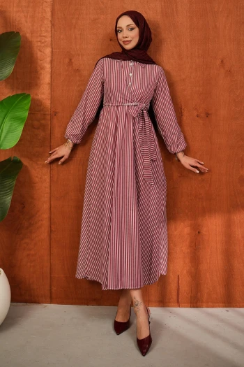 Bordo Yaka Düğmeli Yan Bağlamalı Çizgili Elbise