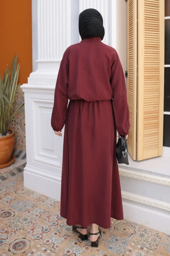 Bordo Yarasa Kol Asimetrik Cepli Ceket Etekli Takım